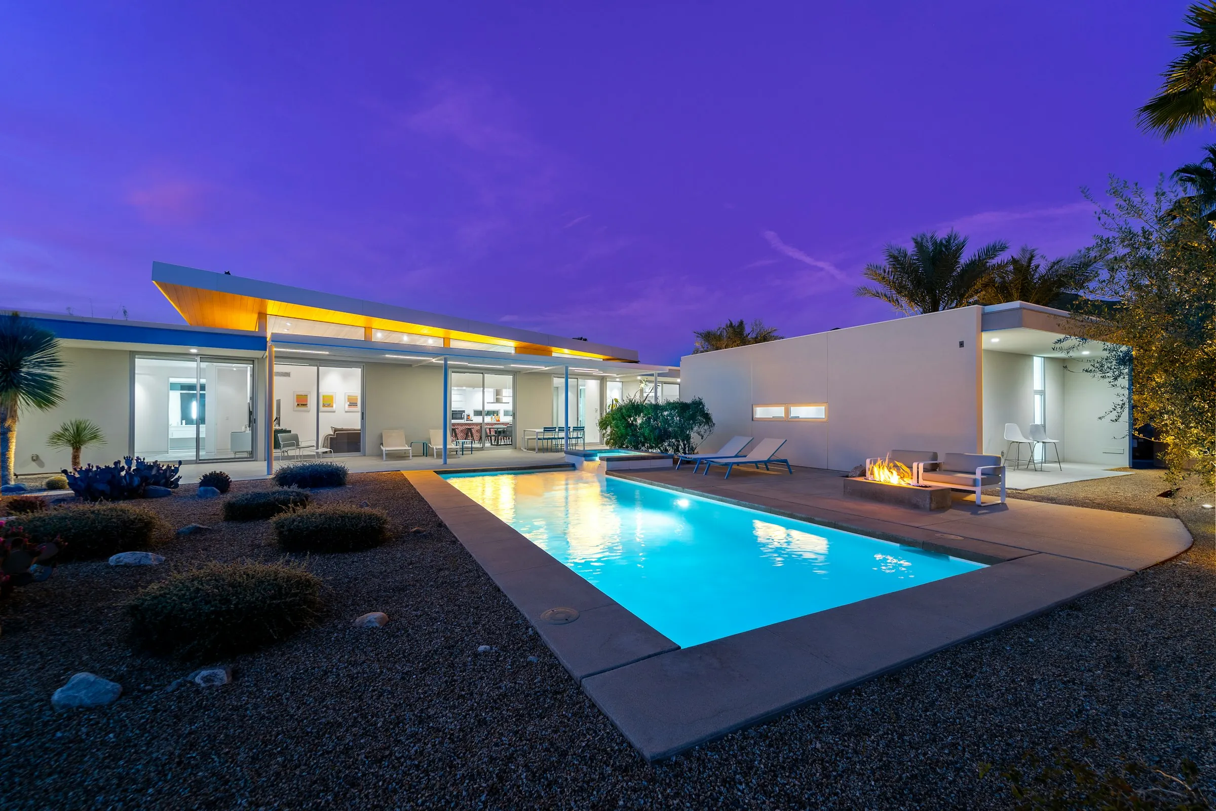 Mid-century residence with pool at dusk